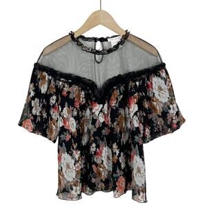Foxiedox Black Floral Blouse Top With Sheer Mesh Detail Size XS